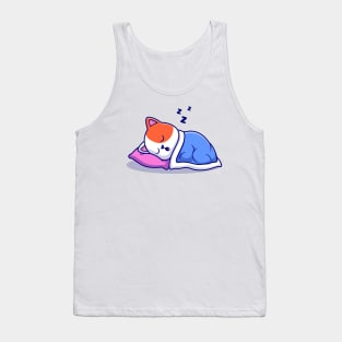 Cute Cat Sleeping With Pillow And Blanket Cartoon Tank Top